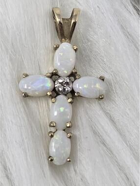 10k Yellow Gold Opal Diamond Cross Pendant 6 Opals Petite